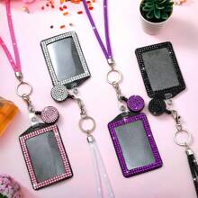 1pc Colorful Rhinestone Inlaid ABS Plastic Retractable Badge Reel, ID Card Holder With Belt Clip And 360 Degree Swivel Back To School