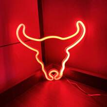 1pc 11.1x9.9in (Approx. 28x25.3cm) USB/Battery Powered LED Neon Sign Pink Bull Head Wall Decor, Suitable For Bedroom, Room, Wedding, Bar, Cow Party Decoration, Blue - Multicolor - View 3