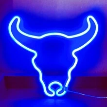 1pc 11.1x9.9in (Approx. 28x25.3cm) USB/Battery Powered LED Neon Sign Pink Bull Head Wall Decor, Suitable For Bedroom, Room, Wedding, Bar, Cow Party Decoration, Blue - Multicolor - View 5