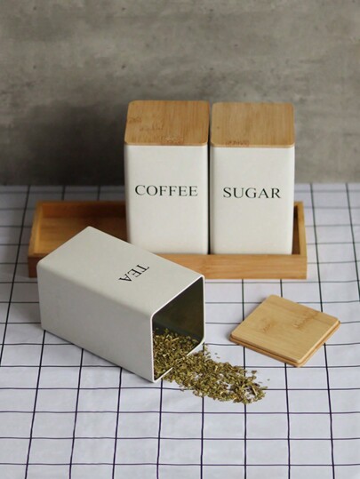 3pcs Square Tin Box Set With Bamboo Lid, For Coffee, Sugar, Tea - Square Metal Tin Cans, Airtight Metal Tin Container Storage Box, For Organization And Pantry Display