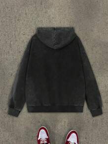 Men's Funny & Casual Letter Print Zip-Up Washed Sweatshirt - Black - View 2