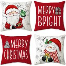 Bộ 4 vỏ gối trang trí Giáng sinh màu đỏ, phong cách trang trại với hình người tuyết, ông già Noel, cây thông Noel và quả cầu, rực rỡ và tràn đầy không khí lễ hội. Chào đón mùa đông! Thích hợp sử dụng trong nhà và ngoài trời, có thể dùng cho ghế sofa phòng khách và trang trí nhà cửa. Thiết kế một mặt, không bao gồm ruột gối. - Đỏ và trắng - Xem 1