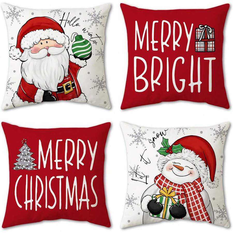 Bộ 4 vỏ gối trang trí Giáng sinh màu đỏ, phong cách trang trại với hình người tuyết, ông già Noel, cây thông Noel và quả cầu, rực rỡ và tràn đầy không khí lễ hội. Chào đón mùa đông! Thích hợp sử dụng trong nhà và ngoài trời, có thể dùng cho ghế sofa phòng khách và trang trí nhà cửa. Thiết kế một mặt, không bao gồm ruột gối. - Đỏ và trắng - Xem 1
