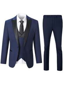 Furuyal 男士三件套西装：藏蓝色平驳领西装外套、马甲和西裤 - 修身剪裁，百搭实用，适合商务、派对、正式场合和婚礼等场合。 - 藏蓝色 - 查看 6