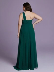 加大码女式 Mgiacy 斜肩褶皱高开衩 A 字型优雅伴娘长裙