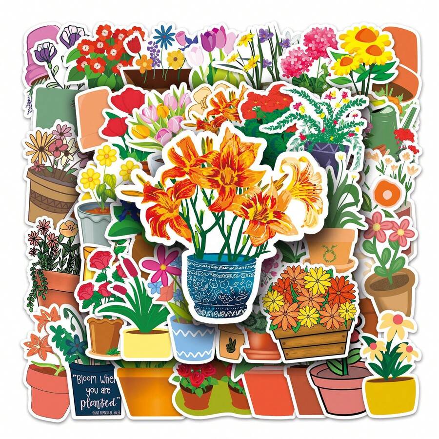 50 miếng dán hoạt hình hoa và cây cho hành lý, sổ tay, ván trượt, máy tính xách tay, miếng dán trang trí chống thấm nước - Màu Mù tạt vàng - Xem 1