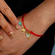 1 件女士手链金色不锈钢海豚镀 18K 镀金釉眼吊坠复活节礼物时尚简约波西米亚设计女士优雅弹性手链手工编织手链适合日常佩戴适合折叠适合送礼 - 彩色 - 查看 1