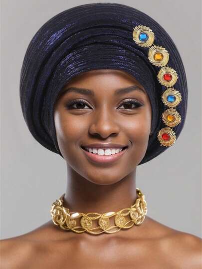 1件新款独特女士箔片水钻装饰多层头巾，适合作为新年礼物或睡帽