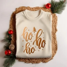 Women's Christmas T-Shirt Ho Ho Ho Gold Letters Personalized Party - 鏽棕色 - 查看 3