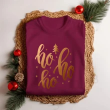 Women's Christmas T-Shirt Ho Ho Ho Gold Letters Personalized Party - 鏽棕色 - 查看 4