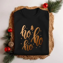 Women's Christmas T-Shirt Ho Ho Ho Gold Letters Personalized Party - 鏽棕色 - 查看 2
