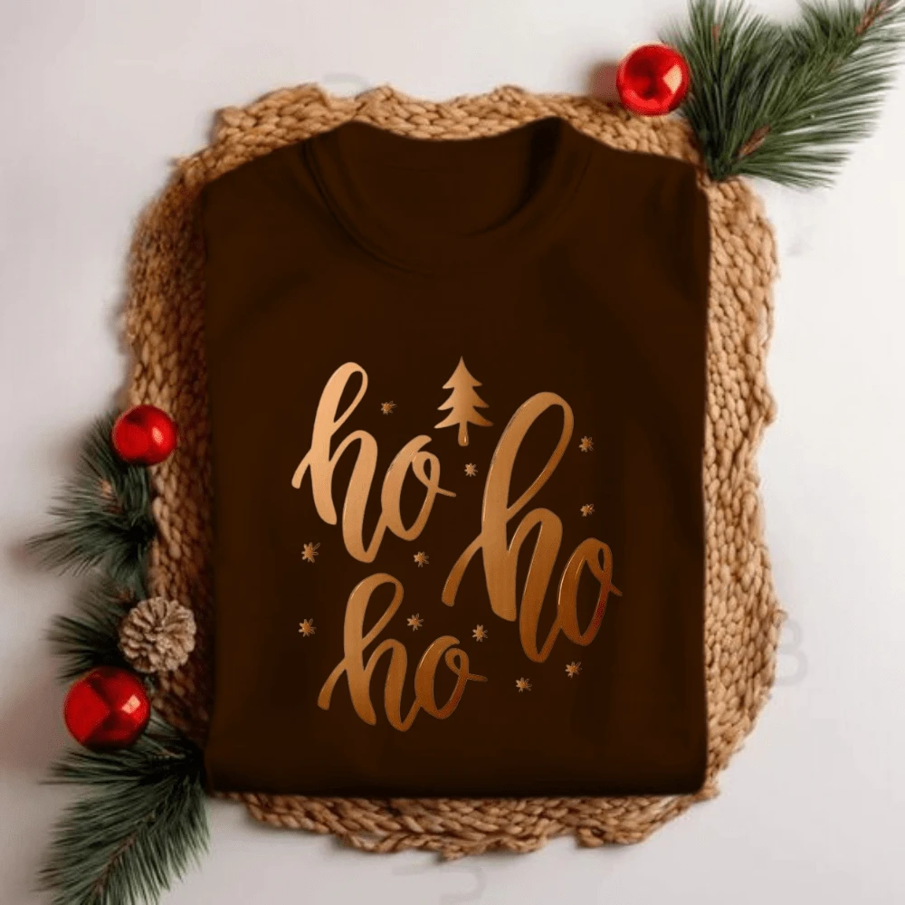 Women's Christmas T-Shirt Ho Ho Ho Gold Letters Personalized Party - 鏽棕色 - 查看 1