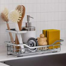 1pc Kitchen Sink Sink Holder, Kitchen Sink Sponge Holder, Kitchen Sink Sink Sink Holder And Storage Cabinet With High Brush Holder, Anti-Rust With Clapboard, Stainless Steel Kitchen Gadget Dish Sponge Organizer