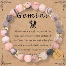 1 pieza Nuevo brazalete de cuentas de jaspe rosa con estampado de cebra de 8mm, Pulsera elástica con 12 signos del zodíaco, Juego de pulseras para pareja, Regalo de cumpleaños de joyería