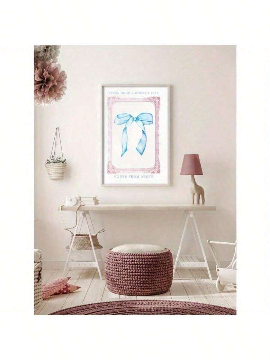 Framed Wall Art Nursery Decor Grandmillennial Poster Blue Watercolor Bow Nursery Floral Printable Canvas Wall Art - Frame-style-4 - View 1