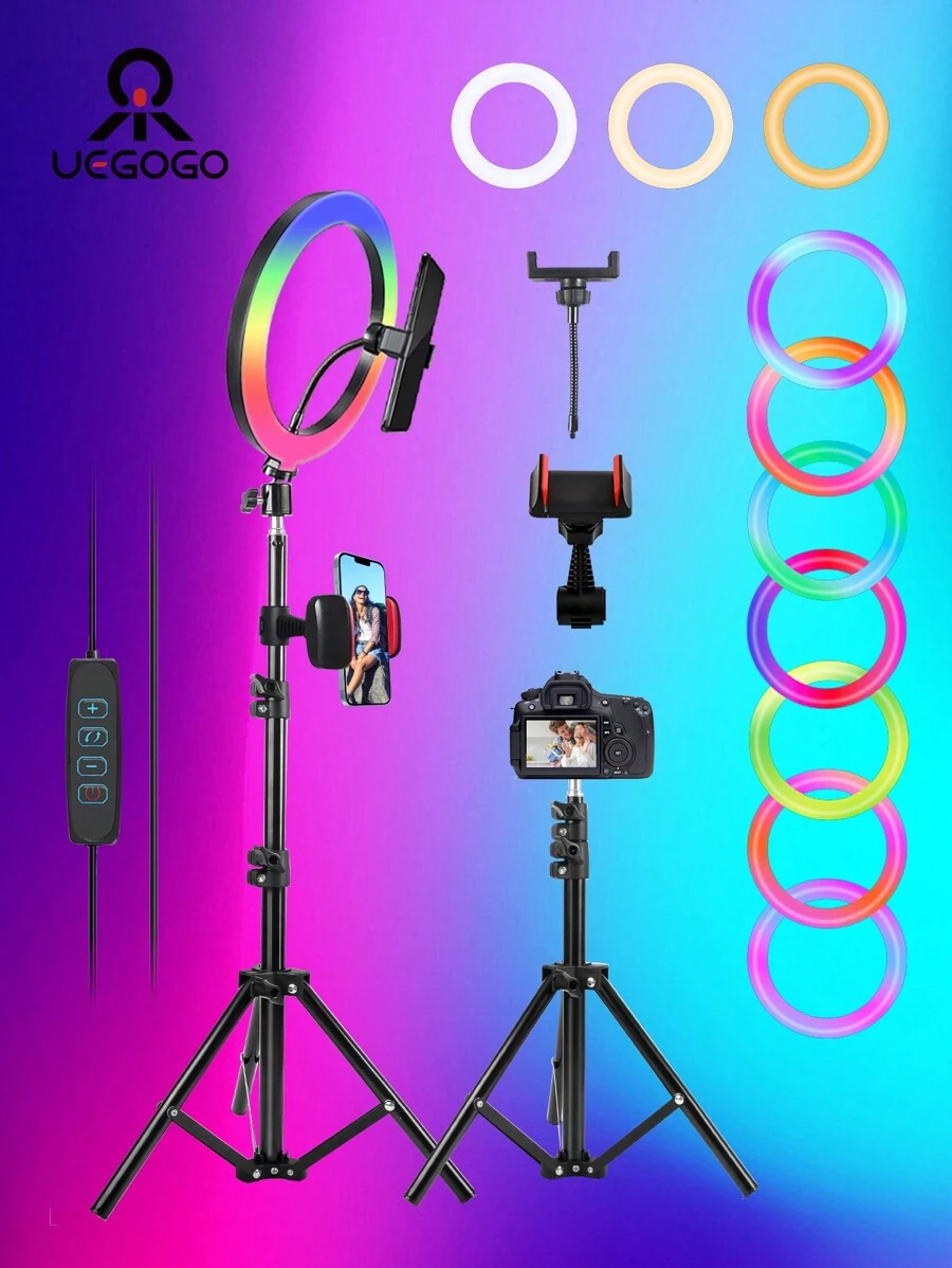 UEGOGO Đèn vòng selfie chuyên nghiệp 10 inch có chân đế - Cao 55,5 inch, 38 chế độ màu, Làm mờ vô cấp, Đèn LED tốc độ, Chân đế ba chân, Thích hợp cho iPhone, Android, Trang điểm, Quay video, Phát trực tiếp, Nhiếp ảnh, Chân đế điện thoại di động, Tiệc ngày lễ, Quà tặng Giáng sinh Đèn LED có chân đế ba chân linh hoạt & Giá đỡ điện thoại để chụp ảnh tự sướng Quay video Cuộc họp thu phóng - màu đen - Xem 1