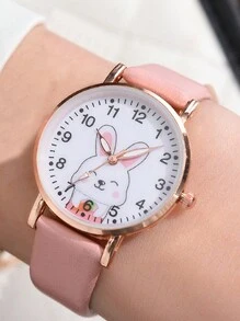 Cartoon Cute Rabbit Watch For Girl, Quartz Style + Rabbit Charm Bracelet, Suitable As Gift For Students - Pink - View 2