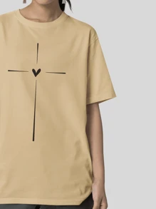 Blouse Oversized T-Shirt Heart And Cross Print Fashion - Màu be - Xem 3