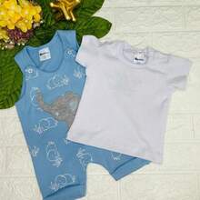 Baby Boy Summer Themed Overall Set - 2-Piece Elephant Jumpsuit - 藍色 - 查看 2