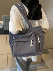 1pc Letter Decor Solid Color Large Capacity Corduroy Shoulder Tote Bag, Multi-Pocket Shopping Bag, Mother's Day Gift For Mom, Foldable, Suitable For School, Work, Travel, Graduation, Youth - Grey - View 3