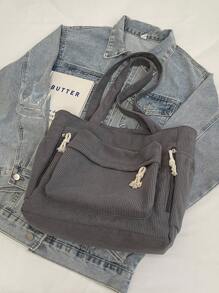 1pc Letter Decor Solid Color Large Capacity Corduroy Shoulder Tote Bag, Multi-Pocket Shopping Bag, Mother's Day Gift For Mom, Foldable, Suitable For School, Work, Travel, Graduation, Youth - Grey - View 6
