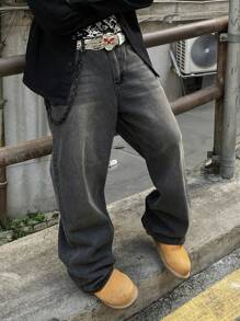 1 件装 男士复古水洗美式街头宽松阔腿牛仔裤 - 黑色 - 查看 2