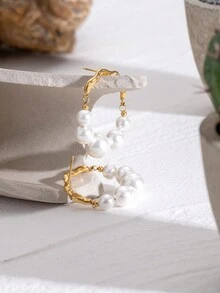 Uworld 1 对甜美复古女士 U 形珍珠耳环日常百搭不锈钢耳环 - 珍珠 - 查看 8