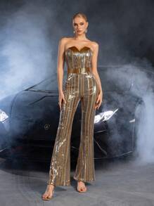 Faeriesty Strapless Buckle Belted Sequin Party Jumpsuit - Brown - View 6