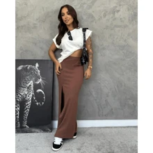 Jade Ribbed Skirt With Side Slit And Elastane - Blogger Style Midi Long Ribbed Slit Skirt - Super Comfortable Casual Fashion With Great Fit High Waist - 鏽棕色 - 查看 3