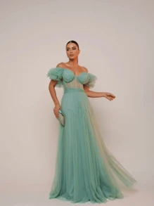 Dress For Graduates And Bridesmaids In Tulle And Corset. - Mint Green - View 2