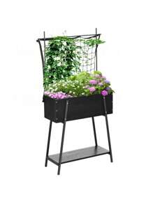 Outsunny Raised Garden Bed With Trellis & Storage Shelf, Elevated Planter Box With Metal Legs, Bed Liner And Drainage Holes, For Vegetable Vines, Climbing Plants, Flowers, Black,UrbanLiving9