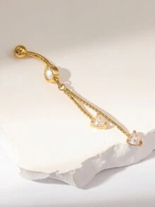 1 件长链肚脐环，带方晶锆石心形吊坠，14K 镀金不锈钢朋克身体穿孔首饰，适合女性情人节、妈妈、母亲、母亲节、礼物 - 金黃色 - 查看 4
