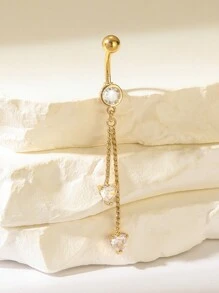 1 件长链肚脐环，带方晶锆石心形吊坠，14K 镀金不锈钢朋克身体穿孔首饰，适合女性情人节、妈妈、母亲、母亲节、礼物 - 金黃色 - 查看 1