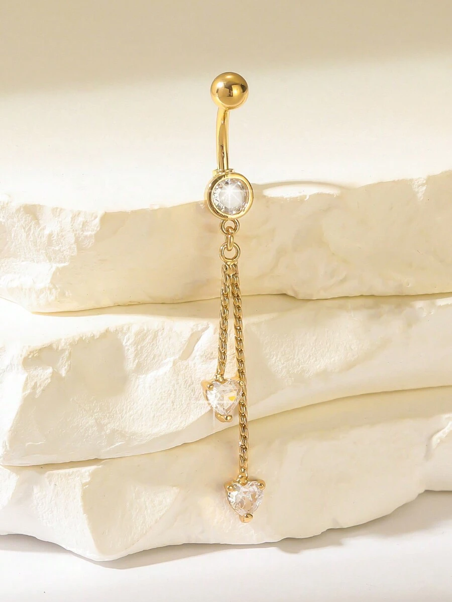 1 件长链肚脐环，带方晶锆石心形吊坠，14K 镀金不锈钢朋克身体穿孔首饰，适合女性情人节、妈妈、母亲、母亲节、礼物 - 金黃色 - 查看 1