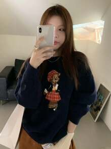 女士圆领长袖熊图案简约休闲上衣，适合日常穿着 - 藏蓝色 - 查看 1