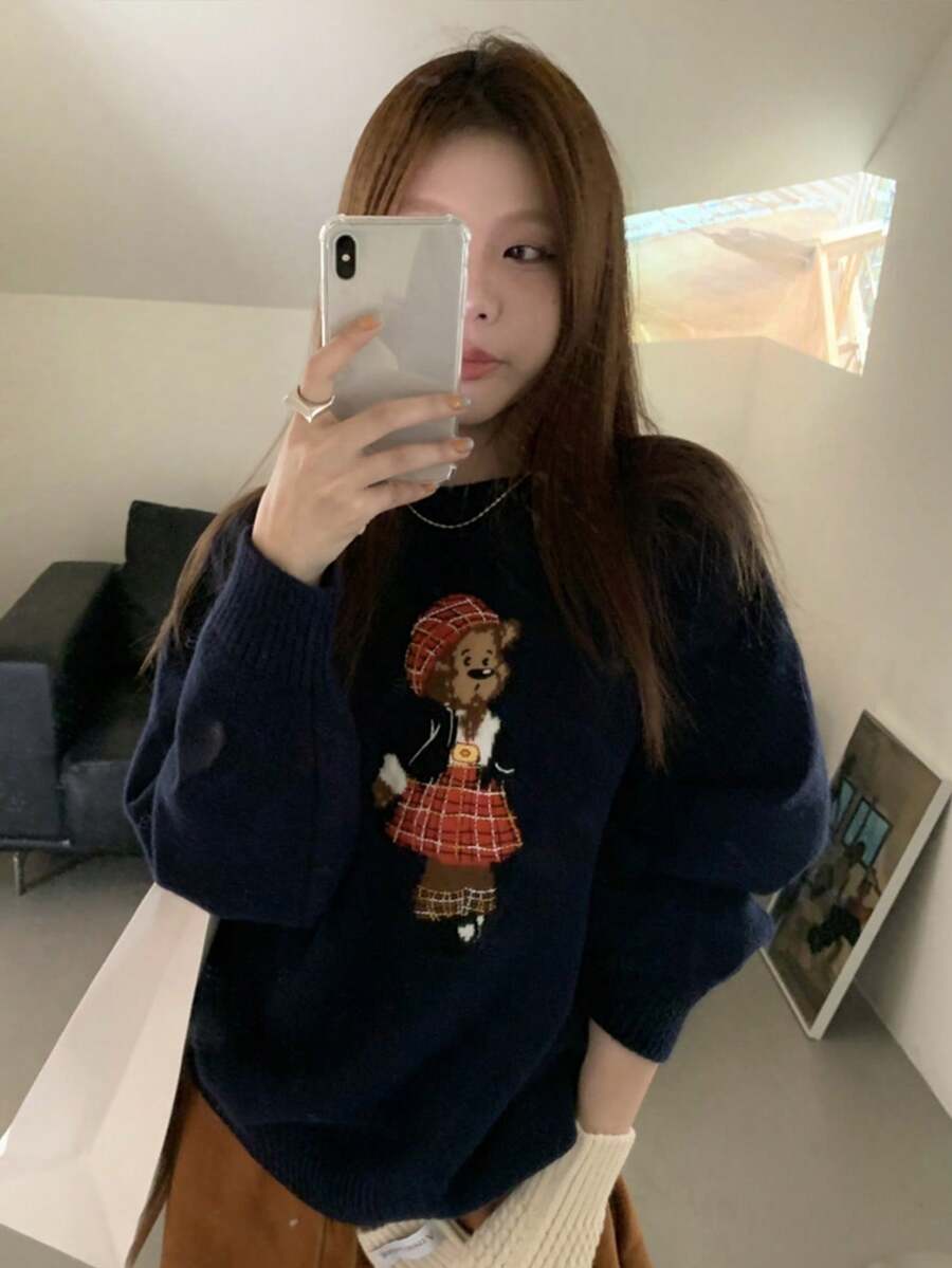 女士圆领长袖熊图案简约休闲上衣，适合日常穿着 - 藏蓝色 - 查看 1