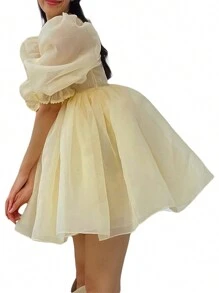 Women Summer Puffy Dress, Solid Color Square Neck Bubble Sleeve One-Piece Short Dress For Ladies, Pink/Purple/Yellow - Màu vàng - Xem 6