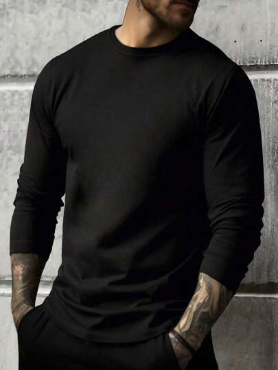男士休闲纯色长袖 T 恤，春/秋，适合秋季