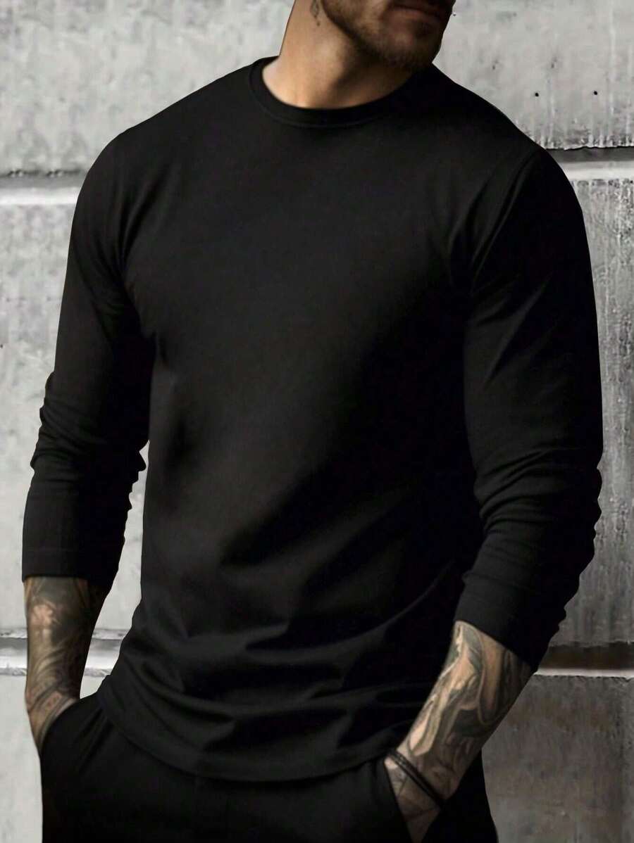 Camiseta de manga larga de unicolor casual para hombre, para primavera/otoño, para el otoño