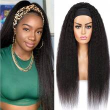 Zealady Headband Wigs Human Hair 180% Density Kinky Straight Human Hair Headband Wigs Yaki Straight Human Hair Wigs Natural Black Color For Women