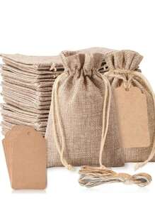 21 pièces/1 set - (comprend 10 sacs + 10 cartes + 1 corde) Sac cadeau en lin à cordon parfait pour les mariages, les douches et les baby showers