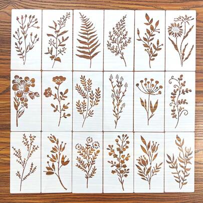 18pcs Flower & Plant Painting Stencils, DIY Hand-Painted Flower Border Hollow Template For Reusable Plastic Material, Wood Board, Fabric, Paper, Spray Paint Arts & Crafts Back To School,Back To School,School Supplies