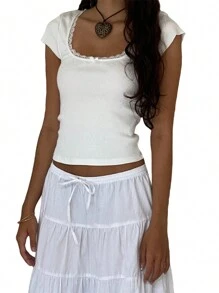 Women Fairy Grunge Y2k Shirts Square Neck Short Sleeve  Lace Patchwork Tops Aesthetic Clothes Summer Outfits - 白色 - 查看 2