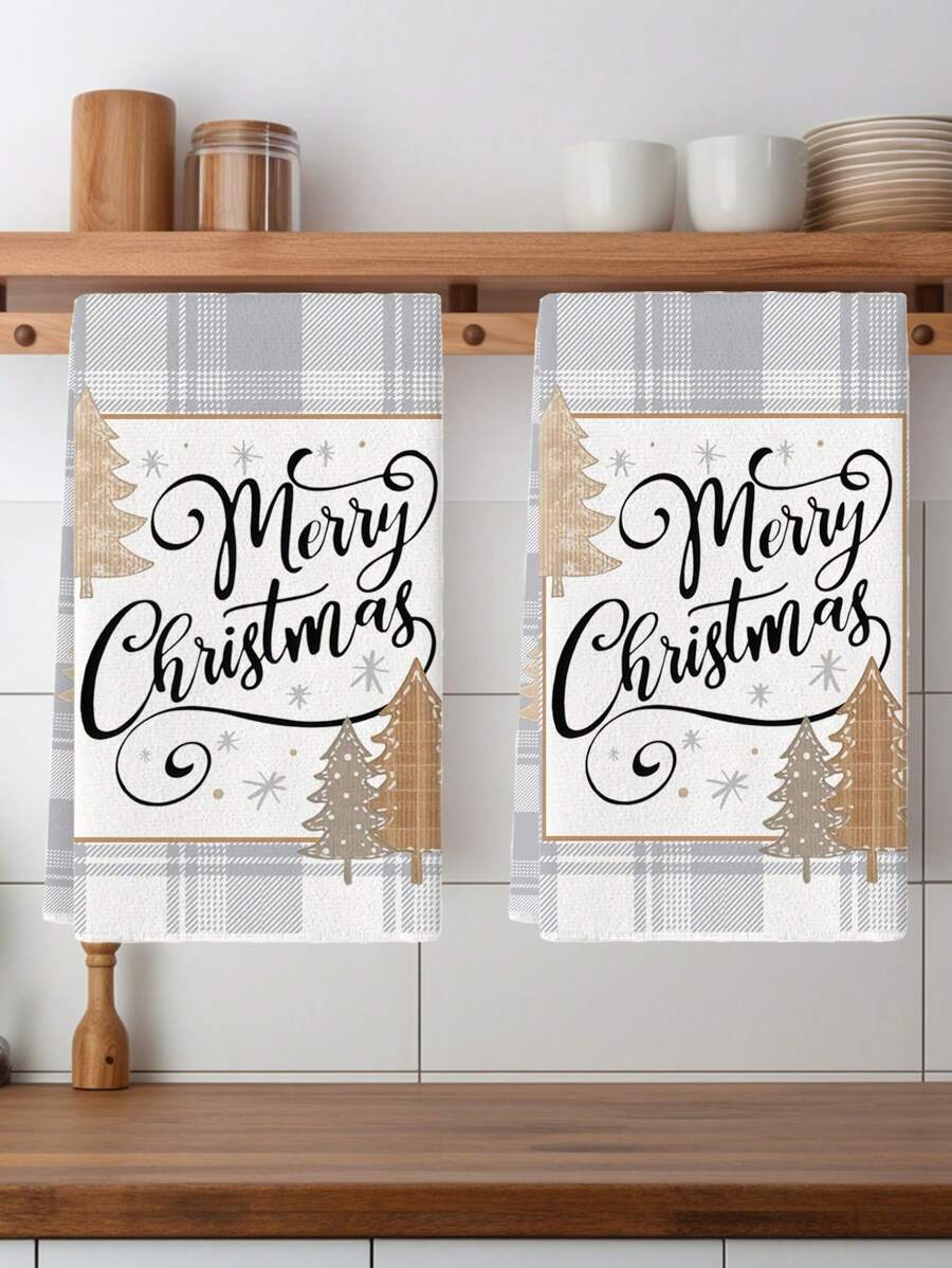 2 Pcs Christmas Kitchen Towels Set, Winter Farmhouse Snowman & Tree Designs, Super Absorbent Woven Dish Cloths, Beige Cartoon Themed Polyester Tea Towels For Holiday Decor & Gift