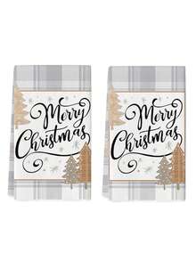 2 Pcs Christmas Kitchen Towels Set, Winter Farmhouse Snowman & Tree Designs, Super Absorbent Woven Dish Cloths, Beige Cartoon Themed Polyester Tea Towels For Holiday Decor & Gift