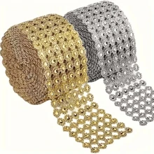1pc 6-Row Golden Flower Crystal Rhinestone Tulle Ribbon Roll, Glitter Decoration For Wedding Party
