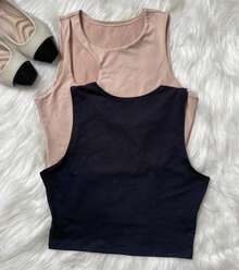 BIA KIT WITH 2 WOMEN'S CROPPED TOPS IN SUPLEX FABRIC WITH HOLE DETAIL ON THE SHOULDER, SUMMER - 黑色 - 查看 6