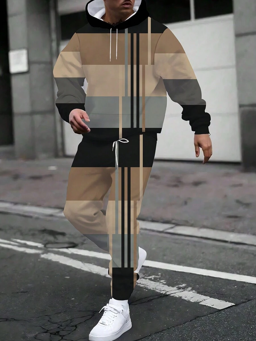 男士两件套运动服,彩色印花拼接,连帽衫和运动裤套装,适合运动/户外/跑步,男装,加大码 - 黑色 - 查看 1