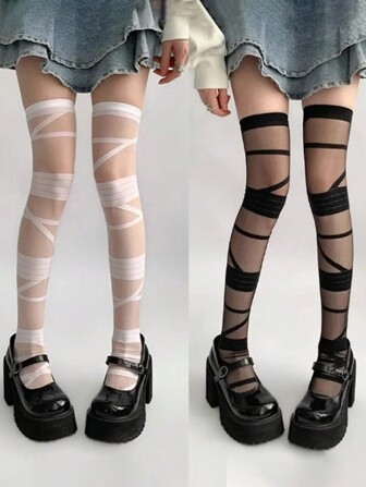 2pairs Sweet And Black & White Color Bandage Over-The-Knee High Socks, Thigh High Stockings With Ribbons, Suitable For Spring And Summer, Y2k, Cozy