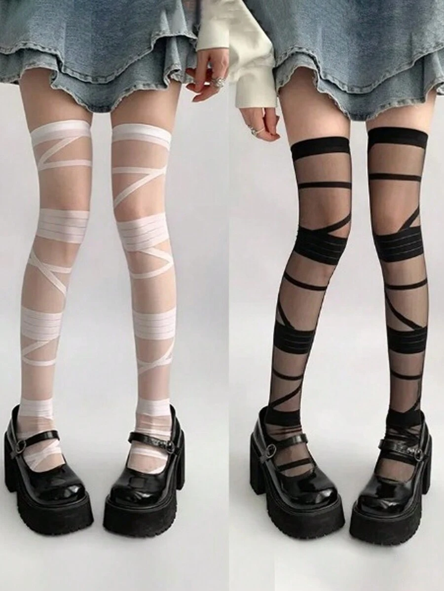 2 pares Meias Altas Acima do Joelho Pretas e Brancas Doces e da Moda, Meias de Seda Transparente Até a Coxa com Fitas, Adequadas para Primavera e Verão